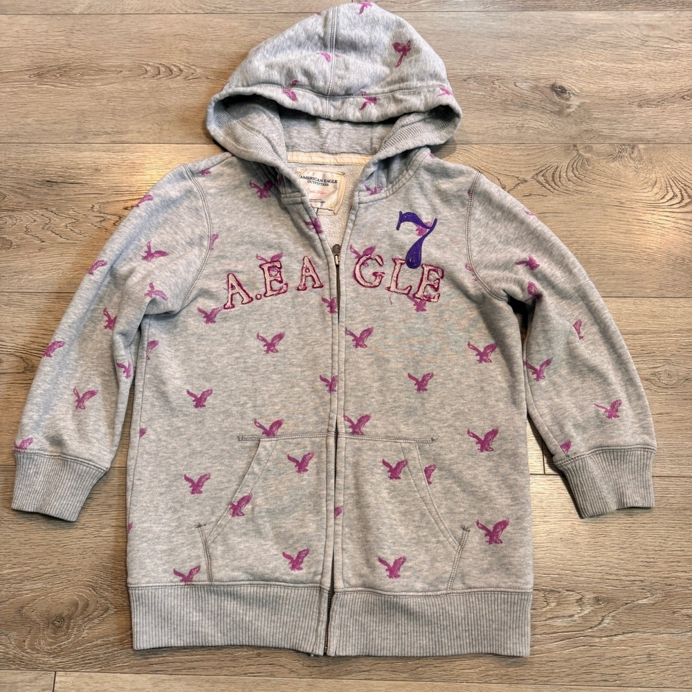 American Eagle Womens Medium M Full Zip Hoodie Gray All Over Print AE Eagle Y2K